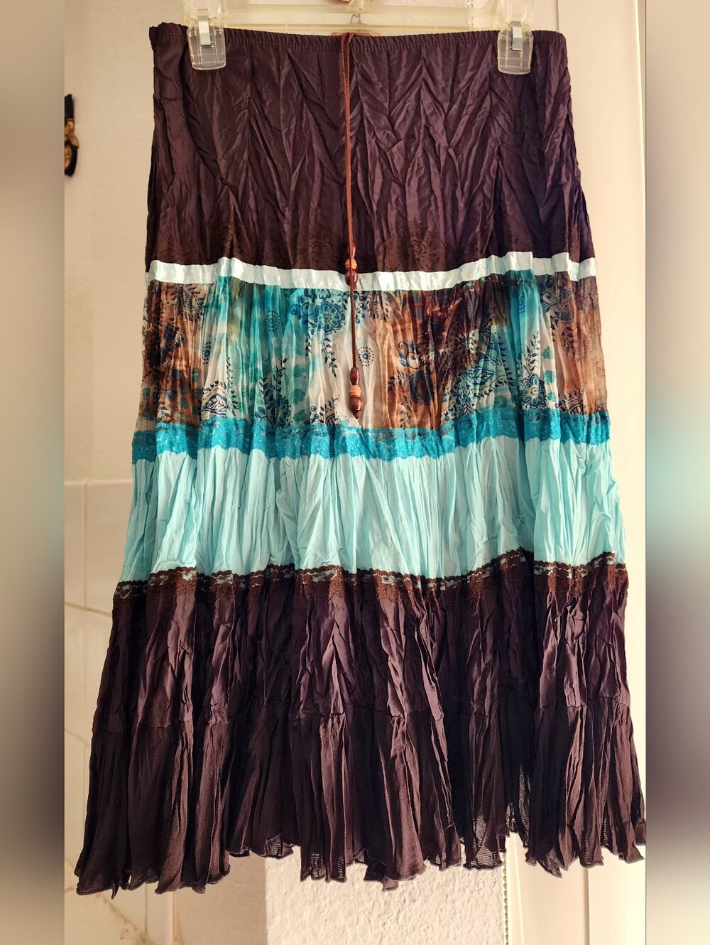 Tracy Evans Tiered Boho Midi Skirt in Blue and Brown